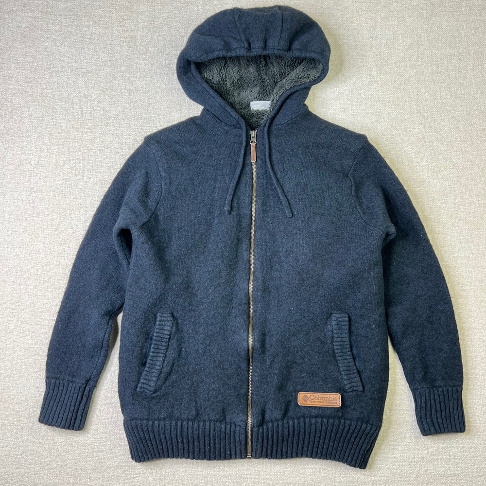 Columbia Sherpa Lined Wool Blend Full Zip Jacket Mens Medium Hoodie Navy Blue